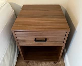 P81 - $100 PAIR of Nightstands. Single Drawers. Particle Board with wood look veneer. Very sturdy! Drawers slide easily. Each measures 19.5" x 20" deep x 24.5" tall. 