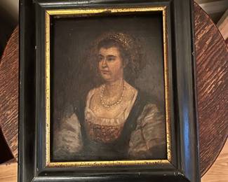 R214 - $95. Antique Double Sided Painting on wood. Framed it measures 8.5" x 10.25". One side is a portrait of a lady and the other is an antique mirror. 