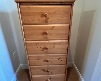 P85 - $85. Pine Lingerie Chest. 6 drawers all slide easily! Does show some surface wear but fully functional! Measures 22.75" wide x 15.75" deep x 49.5" tall. 