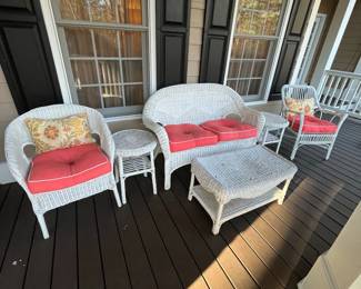 R171a - $125. Loveseat is 50" wide x 24.5" deep x 35.5" floor to top of back. R171b -$50. Coffee Table is 33.5" x 19.5" x 18" tall. R171c - $60. Chair on the Left. R171d - $60. Chair on the right. R171e. $60 PAIR of wicker side tables. Measures 18" round x 22" tall. 