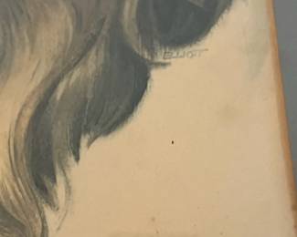 P24 - $25. Golden Retriever Print Signed "Elliott" Measures 15" x 17". Wooden Framed is worn but adds to the character. 