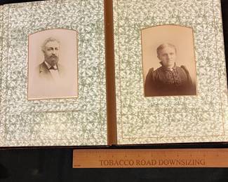 R150 - $125. Antique Velvet Covered Photo Album - Lock has been removed. Measures 9.5" x 12" x 2.5" Includes 35 Cabinet Card Photos from Hardy Artist Photographer 523 Washington St. Boston MA. All photos have names. 