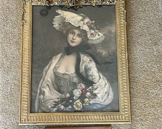 P88 - $40. Gold Gesso Frame with 3D Roses, Flowers. A couple minor spots of damage but overall good condition. Very delicate. Beautiful framed lady print included!  Measures 20.5" x 25". 