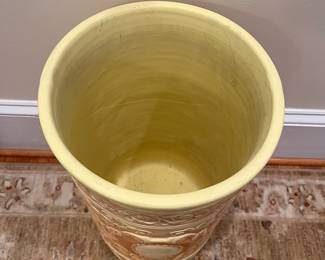 R136 - $40. Pottery Umbrella Stand. Has significant repair. See photos. (Weller or Robinson) 