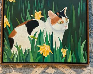 P3 - $400. "Pussy In The Blooms" Oil on Canvas by Pat Jensen (1929-2009). Measures 19" x 15". 