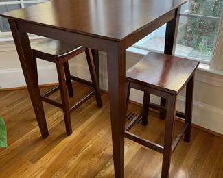 R131 - $95. Table measures 30.25" square x 36.5" tall. Stools are 15" x 12.5" x 25.5" tall. Very good gently used condition. 