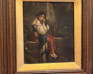 P38 - $125. Antique Painting.  Copy of "Jeune Fille" after Penry Williams. Canvas & Frame are very old. Framed it measures 12.5" x 13.75". 