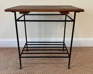P76 - $30. Small Side Table with Iron Base & Wooden Top. Measures 24" x 18" x 23.5" tall. 