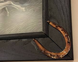 P45 - $60. Antique "Wild Horses" Print in frame with copper horse shoes & bit. 1908 J Hoover. Measures 25.75" x 21.75" framed. 