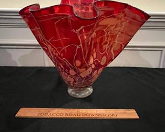 P48 - $75. P. Bendzunas Art Glass Bowl. Measures 14" at the widest x 12" tall. 