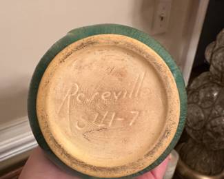 R201 -  $85. Roseville 841-7" 2 Handled Vase with Pinecones - Green. Measures 4" wide x 7" tall. 