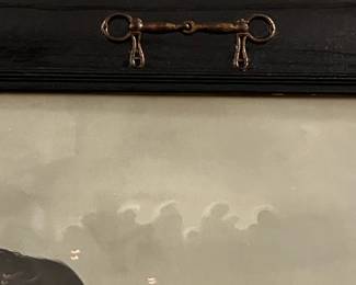 P45 - $60. Antique "Wild Horses" Print in frame with copper horse shoes & bit. 1908 J Hoover. Measures 25.75" x 21.75" framed. 
