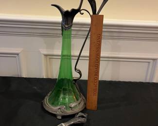 P49 - $125. Art Nouveau Carafe. Green Glass & Pewter. Measures 15" tall. 