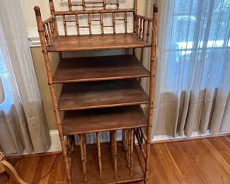 P13 - $150. Antique Stick & Ball Bamboo Etagere. Measures 20.5" wide x 17" deep x 48" tall. Does wiggle a little but beautiful character! 