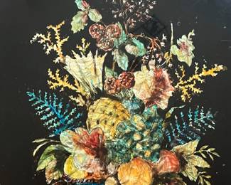 P22 - $95. Antique Tinsel Foil Reverse Folk Art Painting. Thick gold frame has minor chipping expected with age. Measures 20" x 24.5"