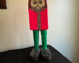 P93 - $30. Colorful Paper Mache Sculpture. Signed "Quisa". Measures 6" wide x 5" deep x 17" tall. 