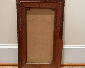 P20 - $100. Antique Floral Still-Life Stretched Canvas Painting Signed E. Gleim (back says Stephanie Gleim) Measures 15.75" x 26" in Beautiful Antique Wooden Frame. Canvas has a couple places where paint is scratched. 