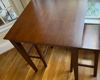 R131 - $95. Table measures 30.25" square x 36.5" tall. Stools are 15" x 12.5" x 25.5" tall. Very good gently used condition. 