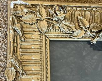 P88 - $40. Gold Gesso Frame with 3D Roses, Flowers. A couple minor spots of damage but overall good condition. Very delicate. Beautiful framed lady print included!  Measures 20.5" x 25". 