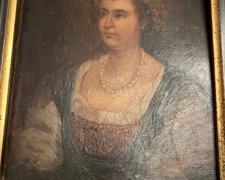 R214 - $95. Antique Double Sided Painting on wood. Framed it measures 8.5" x 10.25". One side is a portrait of a lady and the other is an antique mirror. 