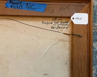 P3 - $400. "Pussy In The Blooms" Oil on Canvas by Pat Jensen (1929-2009). Measures 19" x 15". 