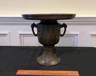 R196 - $60. 2 Piece Bronze Floral Usubata. Measures 12" across x 11.5" tall. 