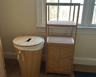 R114 - $45. 2 Piece Bamboo Bathroom Set. Hamper & Shelf. Looks very pretty but it is a dainty set. Hamper is 23" tall. Shelf is 16" wide x 13" deep x  42" tall. 