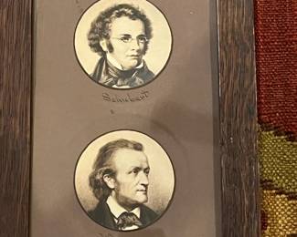 P39 - $40. Framed Photos of Classical Music Composers Bach, Beethoven, Schubert, Wagner, Mendelssohn, Mozart. Embellished Wooden Frame Measures 7.75" wide x 29.75" tall. 