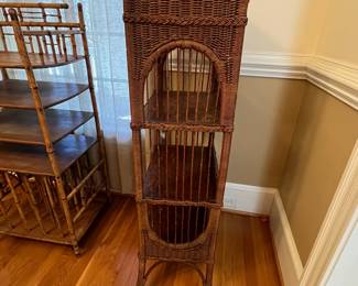 R135 - $140. Antique Wicker Bookcase, Display Shelf. Measures 19" wide x 13" deep x 38" tall. Very good condition for age. 