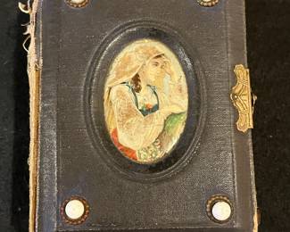 P59 - $30. 1800s Small Photo Album - no photos included. Measures 4" x 5.5" x 3" tall. 