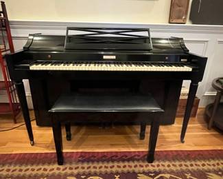 R153 - $750. Baldwin Acrosonic Spinet Piano. Serial # 896997 (late 1960s). Measures 57.5" x 25.5" x 35.75" tall. Includes stool. One black key doesn't make a sound and it will need to be tuned after moving - all other keys work and none are "sticky". Has minor crazing on the finish and a few minor marks here and there but not major issues. 