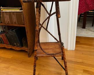 P12 - $125. Antique Art Nouveau Burnt Bamboo Side Table or Nightstand. Measures 12.5" wide square x 29" tall. 