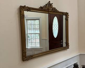 P74 - $95. Beautiful Antique Entry Mirror. Art Nouveau Style - Gesso & Gold Gilt. Measures 37.5 x 32.5". Does have some desilvering but overall great condition for age! 