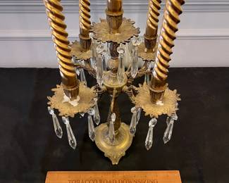 R140 - $65. Single Bronze Candelabra (likely French?) with glass prisms. Measures 9" square x 14.5" tall with no candles. 