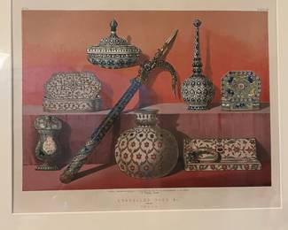 P25 - $50 Pair of Framed Prints. Top is titled "Enamelled Ware from India" Bottom is "Coloured Earthenware From Algeria  & Turkey" Framed each Measures 22" x 18". 