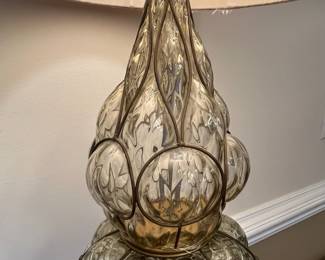 P19 - $125. LARGE Caged Glass Table Lamp. Has original sticker from Marbro Lamp Co. Los Angeles CA. Measures 50.5" tall. Shade is in ok condition. 