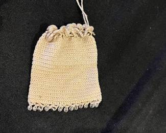 R142 - $30. Antique Off White Purse with clear beads attached. Appears to be fine crochet purse with small change bag attached. Excellent Condition. 