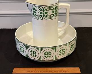 R144 - $100. Art Nouveau Wash Bowl & Pitcher. Made in France. St Amand Dinoise St. Amand. Minor crazing on the pitcher - wear expected with age but overall both are in very good condition!