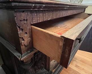 R154 - $125. Small Buffet / Liquor Cabinet by JB Van Sciver Co. Camden NJ. Solid Wood. Measures 40.5" x 19.5" x 36" tall. A cleaner spilled down the front and discolored a few places. Perfectly functional as it is or a great project piece! Drawer slides easily and door opens for storage. 