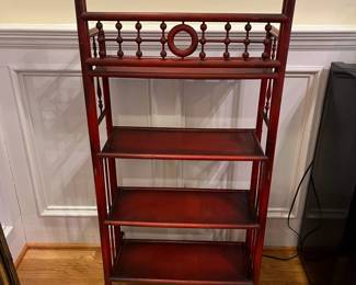 R156 - $150. Dainty Antique! Red Bamboo & Wood Etagere Bookcase.  (Sturdy and very functional but it is old and has some wiggles) Measures 23.5" wide x 9.75" deep x 47" tall. 