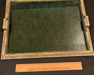 P69 - $35. Antique Arts & Crafts Style Serving Tray. Wooden Frame with metal handles and glass. Measures 17.5" x 13.5". 