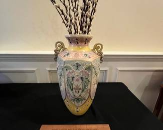 P65 - $95. Japanese Pottery Vase with Slip Trailing Moriage. Open Handles. Measures 9.5" x 16" tall. Excellent Condition. 