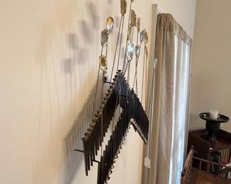 P2 - $100. Brutalist Wall Sculpture. (I believe it is a Marc Weinstein that has lost it's sticker). Individual nails welded together with moving circles on top. Measures 14" wide x 4" deep. 22" tall. 