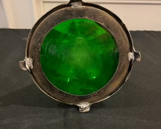 P49 - $125. Art Nouveau Carafe. Green Glass & Pewter. Measures 15" tall. 