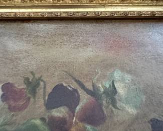 P46 - $175. Antique Oil Painting on Canvas of Pansies. Unsigned. Heavy Gold Gilt Frame in excellent antique condition. Measures 34" x 15.25".  Painting has one rip in the canvas that has been repaired with tape on the back - see photo. 