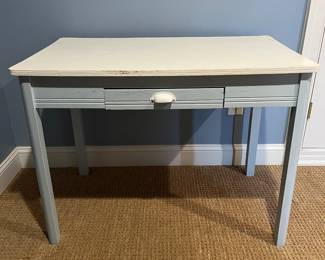 R112 - $100. Shabby Chic Antique Desk - all Wood (NOT an enamel top!) Measures 39.5" wide x 23.75" deep x 29.5" tall. Top is painted white and base is light blue. 