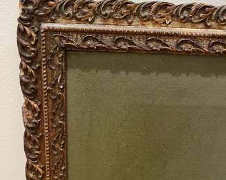 P20 - $100. Antique Floral Still-Life Stretched Canvas Painting Signed E. Gleim (back says Stephanie Gleim) Measures 15.75" x 26" in Beautiful Antique Wooden Frame. Canvas has a couple places where paint is scratched. 