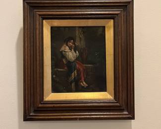 P38 - $125. Antique Painting.  Copy of "Jeune Fille" after Penry Williams. Canvas & Frame are very old. Framed it measures 12.5" x 13.75". 