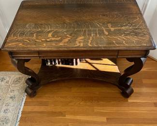 P10 - $150. Wolverine Mfg. Co. Solid Wood Table with Single Drawer. Quarter Sawn Oak. Has been used as an entry table but could also be a desk. Measures 45" wide x 28" deep x 29" tall. 