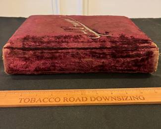 R150 - $125. Antique Velvet Covered Photo Album - Lock has been removed. Measures 9.5" x 12" x 2.5" Includes 35 Cabinet Card Photos from Hardy Artist Photographer 523 Washington St. Boston MA. All photos have names. 